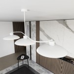Lampa wisząca Foster 3xE27 w kolorze białym, z trzema okrągłymi kloszami na długich ramionach. Ujęcie z góry, ukazujące elegancką formę lampy w nowoczesnym wnętrzu z marmurowymi i drewnianymi akcentami.