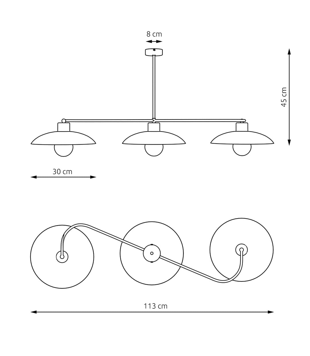 Lampa wisząca Foster w białym kolorze, wyposażona w trzy oprawy E27. Kształt okrągłych kloszy o średnicy 30 cm, zawieszona na cienkim stelażu. Wymiary: wysokość 45 cm, długość 113 cm, szerokość 8 cm. Idealna do nowoczesnych wnętrz.