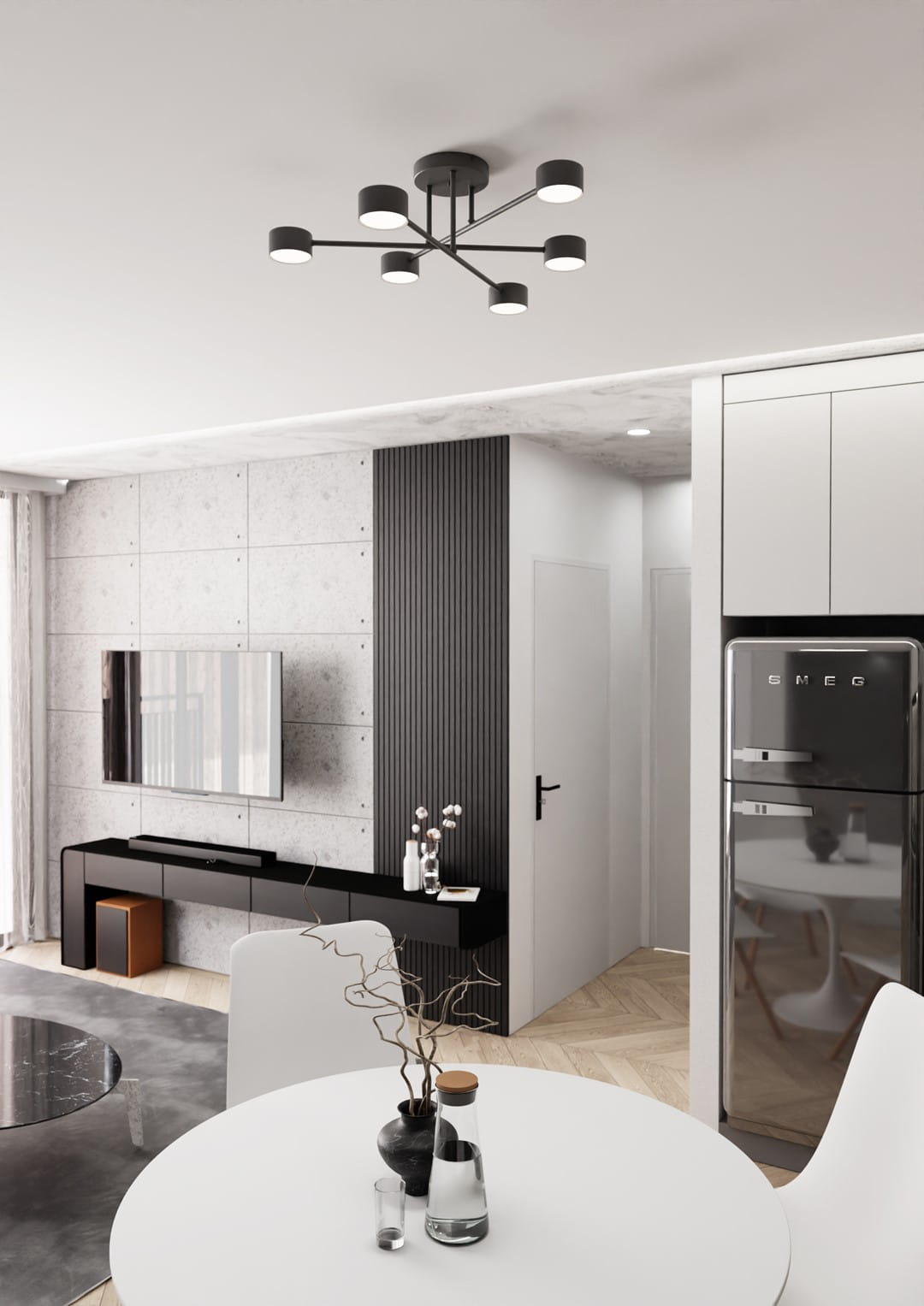 Lampa sufitowa Halo w kolorze czarnym, z sześcioma punktami świetlnymi na prostych ramionach. Zawieszona na suficie w nowoczesnym wnętrzu, w tle widoczny stół i telewizor. Idealna do minimalistycznych aranżacji.