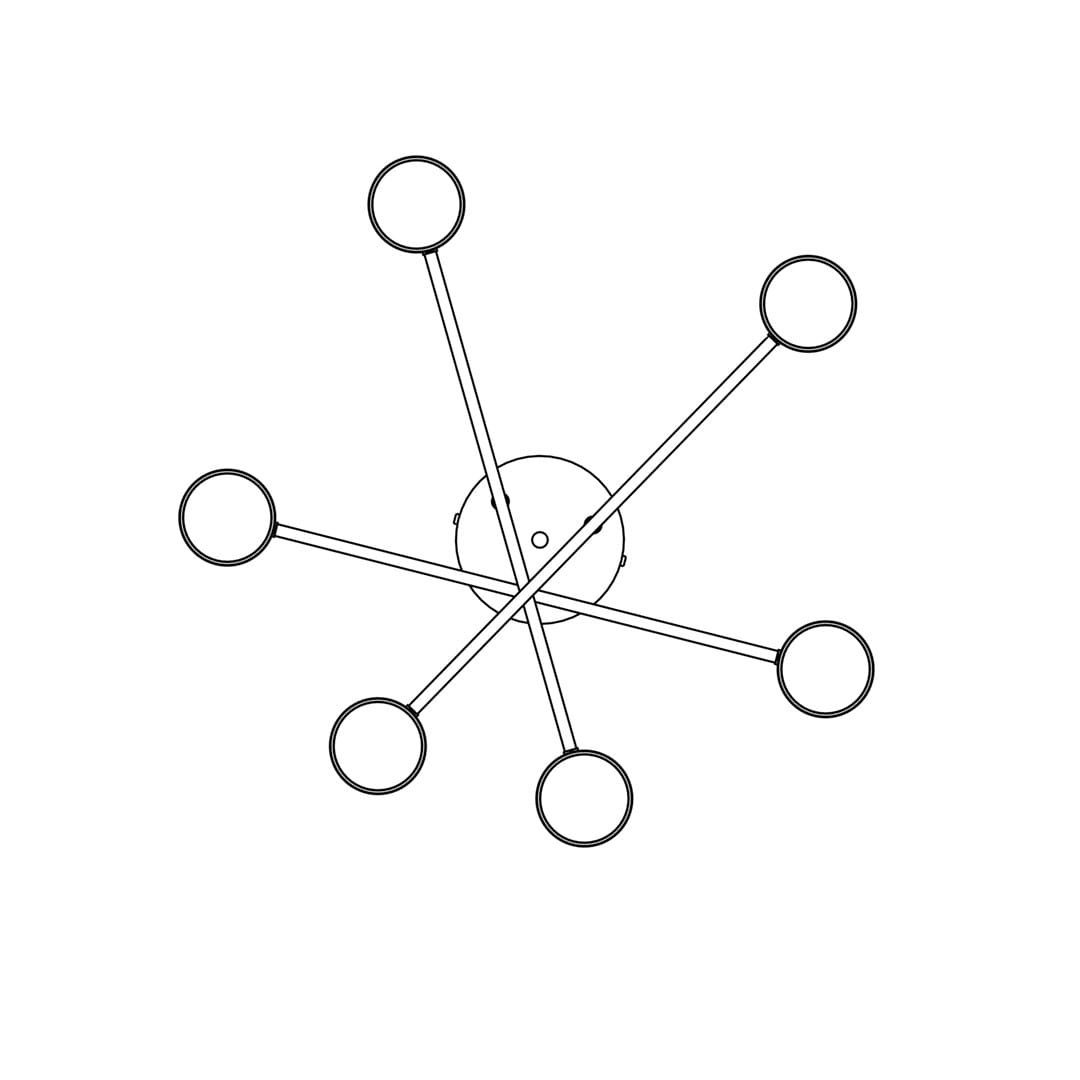 Lampa sufitowa Halo z sześcioma oprawami GX53, w kolorze czarnym. Złożona z centralnej podstawy oraz promieniście rozłożonych ramion, na końcu których znajdują się okrągłe gniazda na żarówki. Ujęcie z góry, pokazujące całą konstrukcję.
