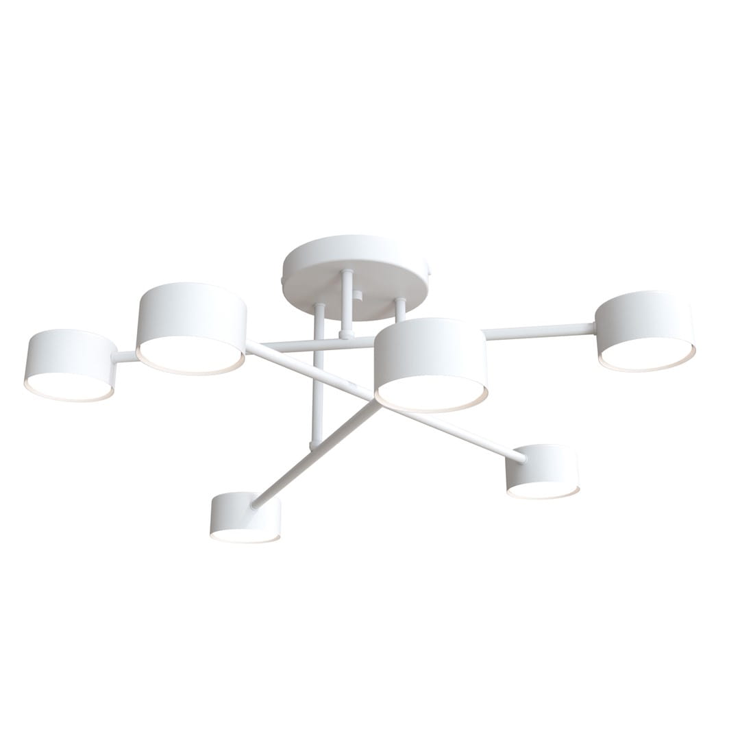 Biała lampa sufitowa Halo z sześcioma źródłami światła GX53, o minimalistycznym designie. Produkt montowany na suficie, z okrągłą podstawą i wygiętymi ramionami, układającymi się w nowoczesny wzór.