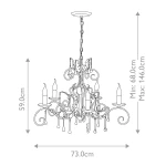 Żyrandol Amarilli 5xE14 w kolorze brązowym z postarzanym złotem, o wymiarach 73 cm szerokości i 59 cm wysokości. Posiada pięć ramion z miejscami na świeczki oraz dekoracyjne elementy i zawieszenie, regulowane w zakresie 68-146 cm.