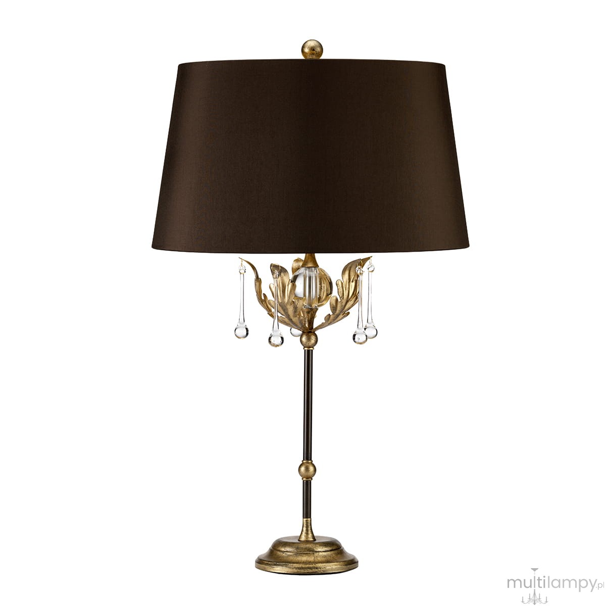 Brązowa lampka stołowa Amarilli z abażurem w kolorze ciemnego brązu, dekorowana złotymi detalami i kryształowymi zwisami. Produkt w pozycji stojącej, z metalową podstawą i eleganckim wykończeniem.