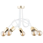 Lampa wisząca Tango z pięcioma oprawami E27, w kolorze białym i złotym. Zawieszona z białymi przewodami, z oprawkami w złotym wykończeniu. Kształt okrągłych żarówek podkreśla nowoczesny design. Stworzona do montażu sufitowego.
