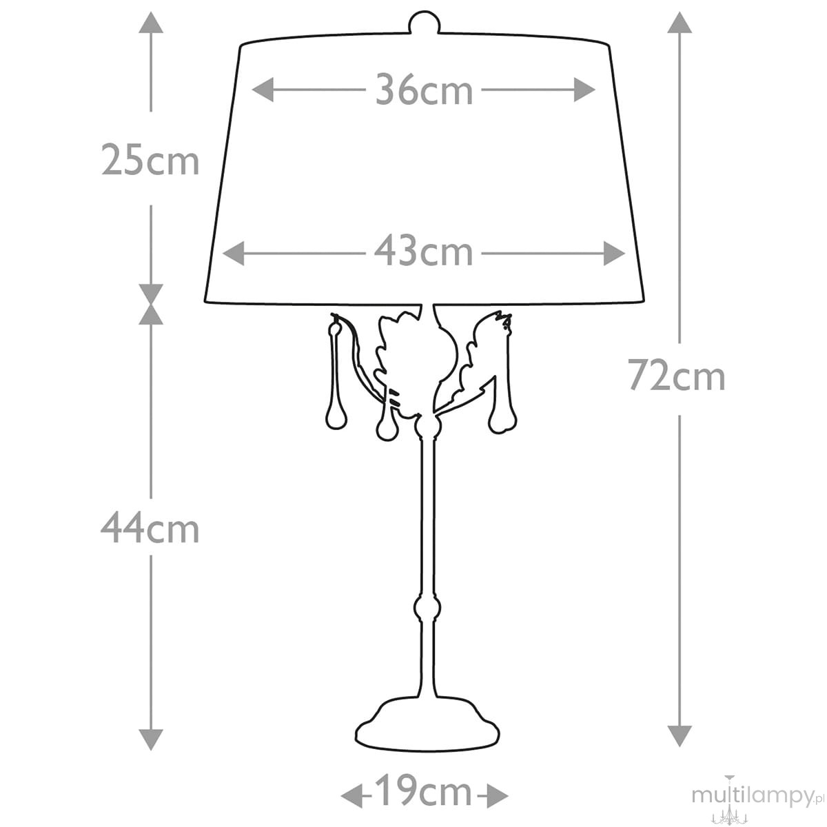 Lampka stołowa Amarilli w brązowym kolorze, z abażurem o średnicy 36 cm i wysokości 25 cm. Podstawa o wysokości 44 cm, całkowita wysokość lampy wynosi 72 cm. Ozdobne detale na nodze lampy dodają elegancji.