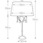 Lampka stołowa Amarilli w brązowym kolorze, z abażurem o średnicy 36 cm i wysokości 25 cm. Podstawa o wysokości 44 cm, całkowita wysokość lampy wynosi 72 cm. Ozdobne detale na nodze lampy dodają elegancji.