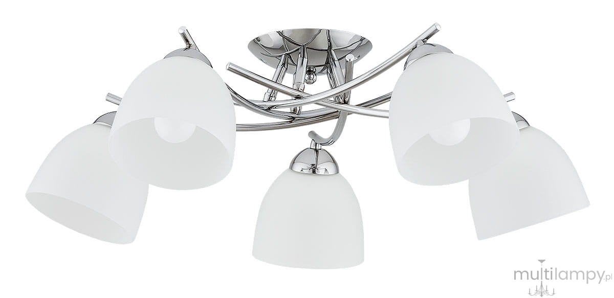 Lampa sufitowa Seva w chromie z pięcioma kloszami z matowego szkła. Klosze mają owalny kształt i są zamocowane na eleganckich, zakrzywionych ramionach. Całość montowana do sufitu, prezentowana z góry.
