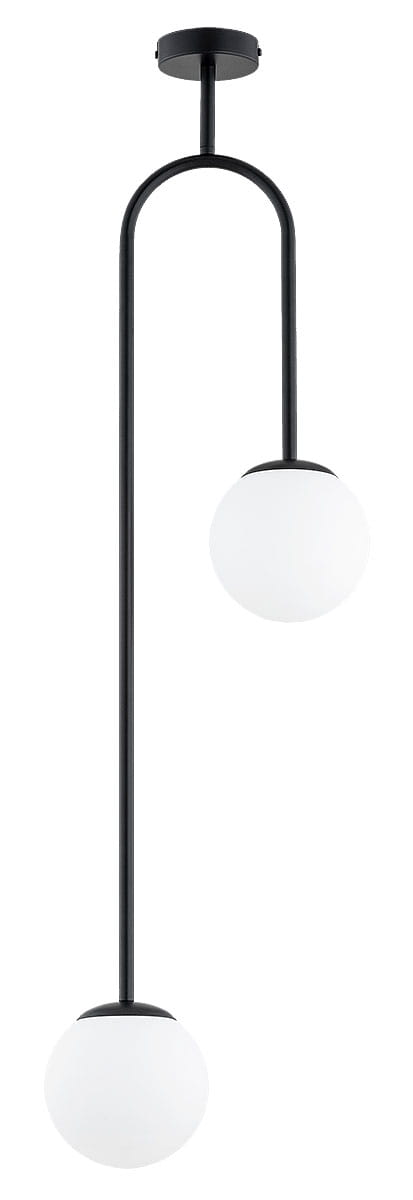Lampa wisząca Vector 2xE14 w kolorze czarnym z białymi kloszami. Posiada dwa okrągłe, matowe klosze zawieszone na długich, czarnych prętach, montowana do sufitu. Wysoki, minimalistyczny design.