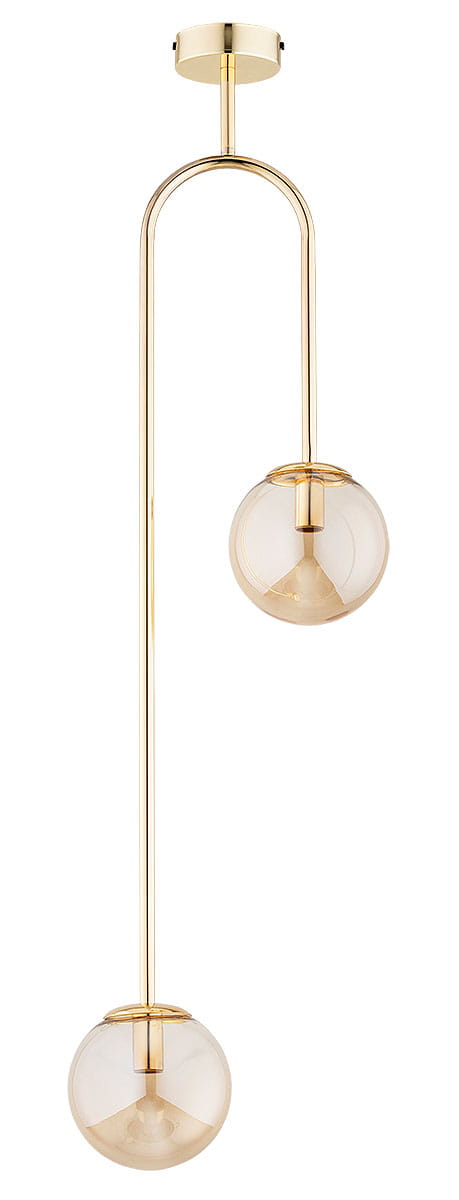 Lampa wisząca Vector 2xE14 w kolorze złotym z bursztynowymi szklanymi kloszami. Posiada minimalistyczną, zaokrągloną konstrukcję z długim ramieniem, zawieszoną na sufitowym mocowaniu. Klosze mają przezroczystą fakturę, tworząc elegancki efekt świetlny.
