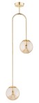 Lampa wisząca Vector 2xE14 w kolorze złotym z bursztynowymi szklanymi kloszami. Posiada minimalistyczną, zaokrągloną konstrukcję z długim ramieniem, zawieszoną na sufitowym mocowaniu. Klosze mają przezroczystą fakturę, tworząc elegancki efekt świetlny.