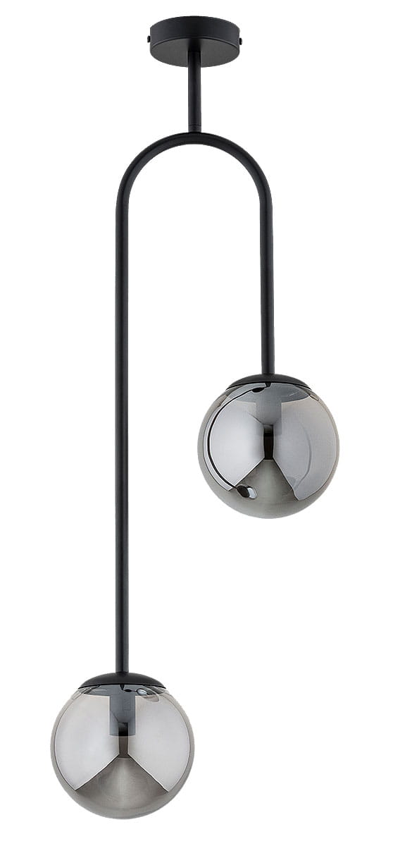 Lampa wisząca Vector M z dwoma kulistymi kloszami w kolorze grafitowym, zawieszona na czarnym stelażu. Klosze mają gładką, połyskującą powierzchnię. Produkt wisi w pozycji pionowej, w eleganckim stylu, idealny do nowoczesnych wnętrz.