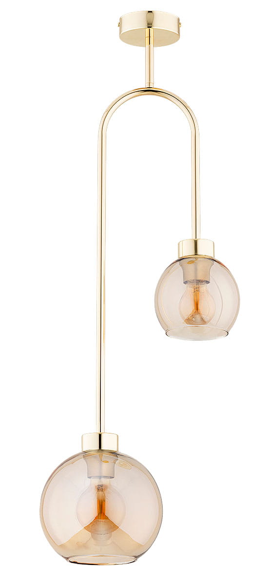 Lampa wisząca Vector M z dwoma żarówkami E14, w kolorze złotym z bursztynowymi kloszami. Ma opływowy kształt z metalowym stelażem i szklanymi kulami, zawieszona na długim, prostym przewodzie.