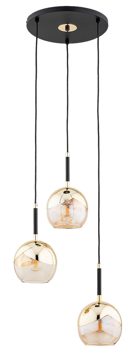 Lampa wisząca Prada Mix z trzema kloszami E27 w kolorze czarnym i złotym. Klosze mają okrągły kształt, wykonane z przezroczystego szkła i złota, zawieszone na czarnych przewodach. Montaż sufitowy, elegancki design.