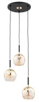 Lampa wisząca Prada Mix z trzema kloszami E27 w kolorze czarnym i złotym. Klosze mają okrągły kształt, wykonane z przezroczystego szkła i złota, zawieszone na czarnych przewodach. Montaż sufitowy, elegancki design.