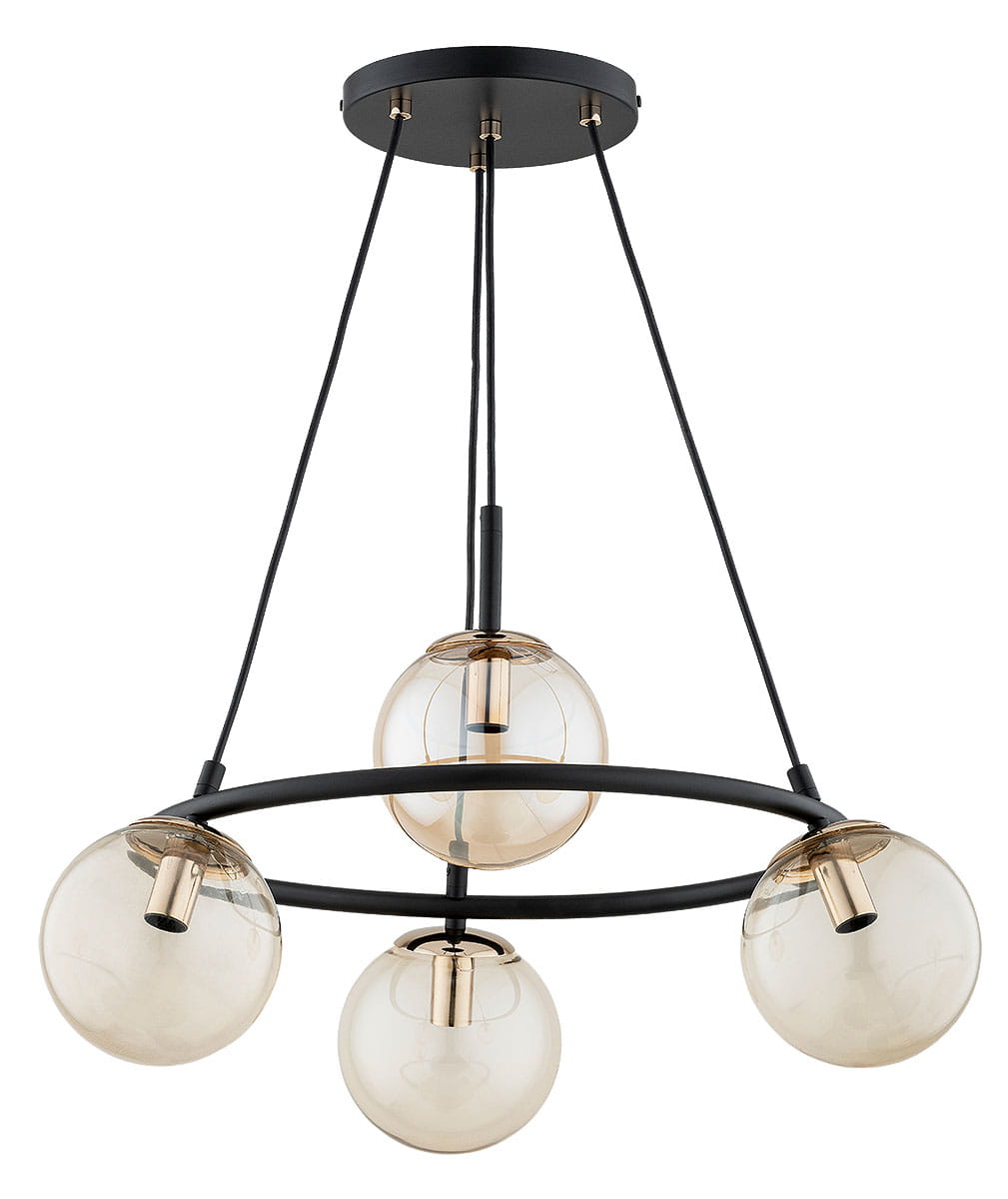 Lampa wisząca Ringo z czarnym metalowym stelażem i bursztynowymi szklanymi kloszami. Posiada cztery źródła światła E14, zawieszona na cienkich linkach, w kształcie okręgu. Idealna do nowoczesnych wnętrz.