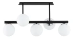 Lampa wisząca Tukane 6xE14 w kolorze czarnym z chromowanymi detalami. Obejmuje pięć okrągłych kloszy z matowego szkła, zamontowanych na czarnej metalowej ramie. Ujęcie z dołu, ukazujące równomierne rozmieszczenie kloszy i ich elegancki design.