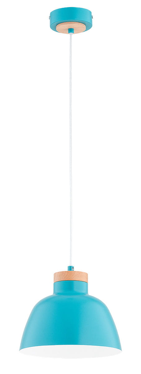 Lorien lampa wisząca 1xE27 w kolorze niebieskim z drewnianym detalem. Stojąca, z okrągłym kloszem o szerokim dnie i wąskim w górnej części, zawieszona na białym przewodzie. Idealna do nowoczesnych wnętrz.