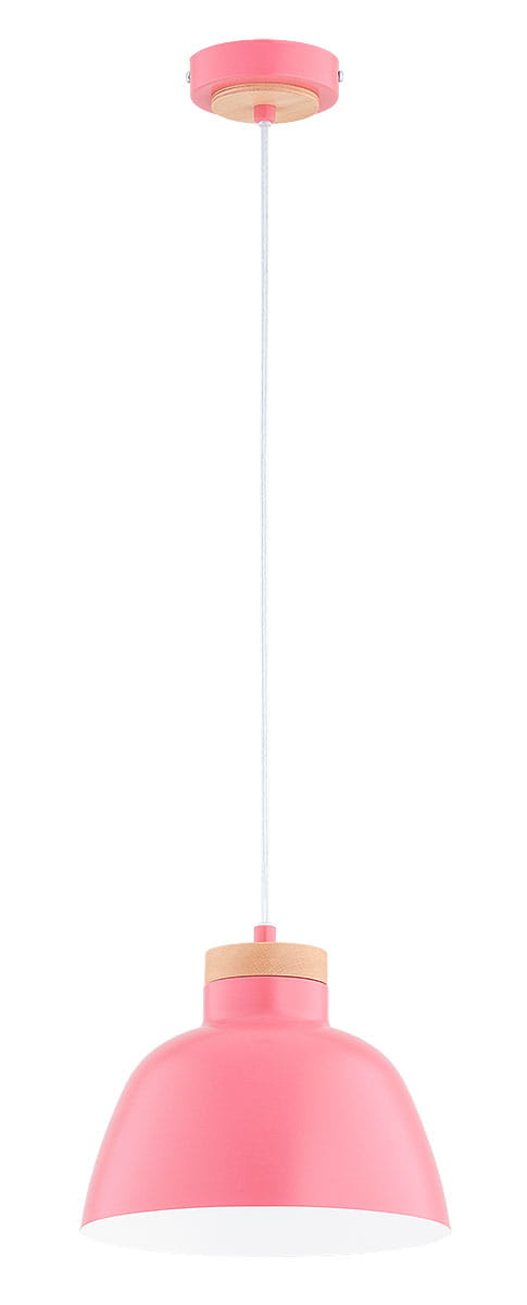 Lorien lampa wisząca 1xE27 w kolorze różowym z drewnianym detalem. Klasyczny kształt klosza, zawieszona na białym przewodzie. Ujęcie frontalne, idealna do nowoczesnych wnętrz.