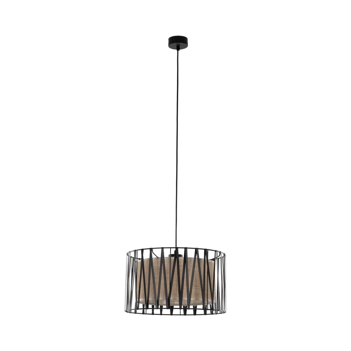 Lampa wisząca Harmony 1xE27 w kolorze czarnym z brązowym akcentem. Otwarta metalowa konstrukcja w formie klosza z poziomymi i pionowymi elementami. Ujęcie frontalne, zawieszona na długim kablu, w prostym tle.