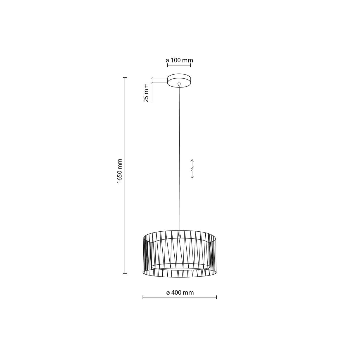 Lampa wisząca Harmony z oprawą w kolorze czarnym i brązowym, o średnicy 400 mm i wysokości 1650 mm. Wyposażona w gniazdo E27, z metalową siatką w geometrycznym wzorze, zawieszona na cienkim przewodzie.