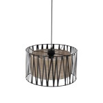 Lampa wisząca Harmony w kolorze czarnym i brązowym, z metalowym, geometrycznym kloszem oraz tekstylnym wnętrzem. Zawieszona na cienkim przewodzie, o okrągłym kształcie, prezentuje nowoczesny design. Idealna do wnętrz stylowych.