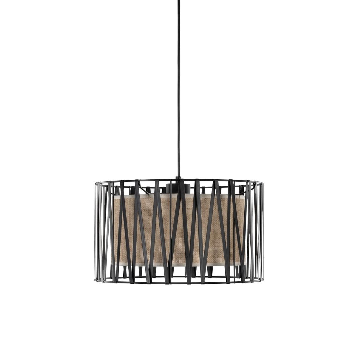 Lampa wisząca Harmony z jedną oprawą E27 w czarnej metalowej konstrukcji z brązowym abażurem. Ujęcie z boku, ukazujące ażurową formę i teksturę materiału. Wisi na cienkim przewodzie, na białym tle.