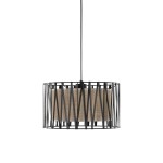 Lampa wisząca Harmony z jedną oprawą E27 w czarnej metalowej konstrukcji z brązowym abażurem. Ujęcie z boku, ukazujące ażurową formę i teksturę materiału. Wisi na cienkim przewodzie, na białym tle.