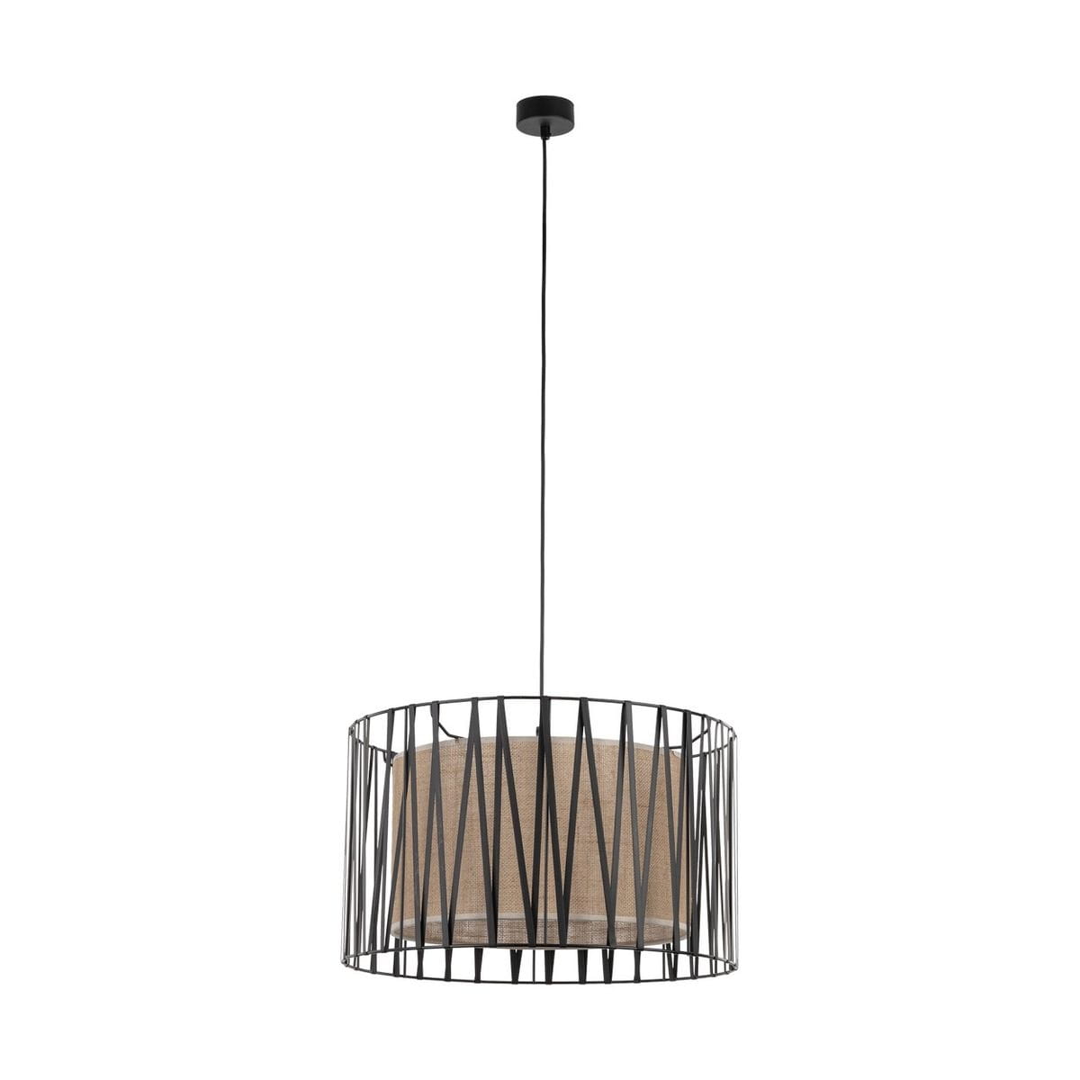 Lampa wisząca Harmony 3xE27 w kolorze czarnym i brązowym, o cylindrycznym kształcie, z metalową siatką i tekstylnym kloszem. Zawieszona na cienkim przewodzie, z minimalistycznym designem, idealna do nowoczesnych wnętrz.