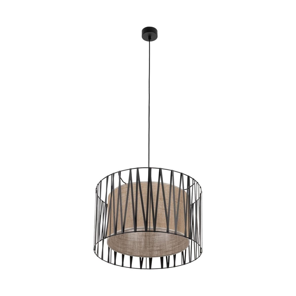 Lampa wisząca Harmony z trzema oprawami E27, w kolorze czarnym i brązowym. Okrągły klosz z materiału, otoczony metalową siatką w kształcie rombów. Zawieszona na cienkim przewodzie, z prostym mocowaniem sufitowym.