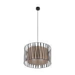 Lampa wisząca Harmony z trzema oprawami E27, w kolorze czarnym i brązowym. Okrągły klosz z materiału, otoczony metalową siatką w kształcie rombów. Zawieszona na cienkim przewodzie, z prostym mocowaniem sufitowym.