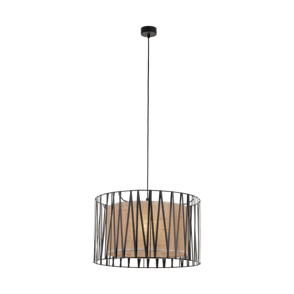 Lampa wisząca Harmony w kolorze czarnym i brązowym, z abażurem z tkaniny w kształcie cylindra, umieszczona w metalowej, ażurowej oprawie. Produkt zawiera trzy gniazda E27, zawieszony na czarnym przewodzie.