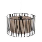Lampa wisząca Harmony 3xE27 w kolorze czarnym i brązowym. Okrągła, metalowa konstrukcja z wyraźnymi, pionowymi szczelinami, z wewnętrznym abażurem w odcieniu brązowym. Zawieszona na cienkim przewodzie, widoczna z boku.