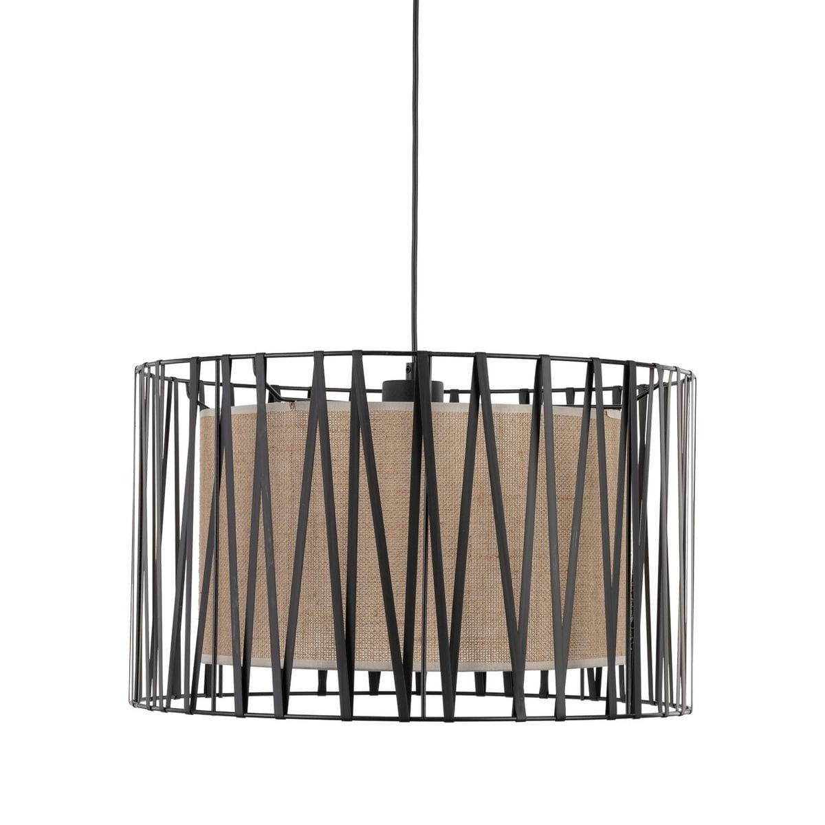 Lampa wisząca Harmony 3xE27 w kolorze czarnym i brązowym, z metalowym kloszem w formie ażurowej siatki oraz brązowym materiałowym wnętrzem. Ujęcie z boku, zawieszona na cienkim kablu. Wymiary klosza sugerują średnią wielkość.