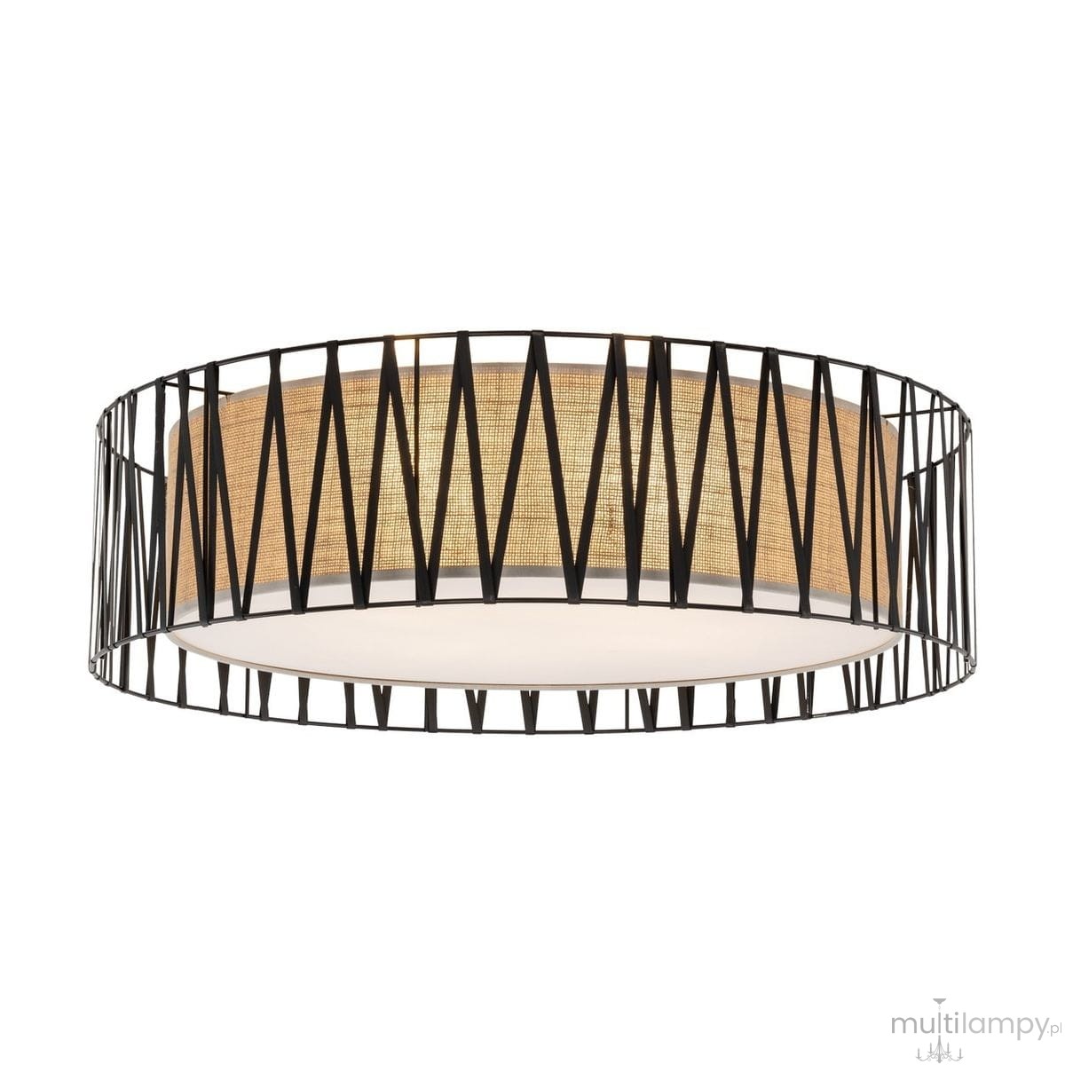 Lampa sufitowa Harmony D72 w kolorze czarnym z brązowym abażurem, o okrągłym kształcie. Posiada metalową, ozdobną siatkę w kształcie rombów, w której umieszczono źródła światła E27. Ujęcie z dołu, pokazujące szczegóły konstrukcji.