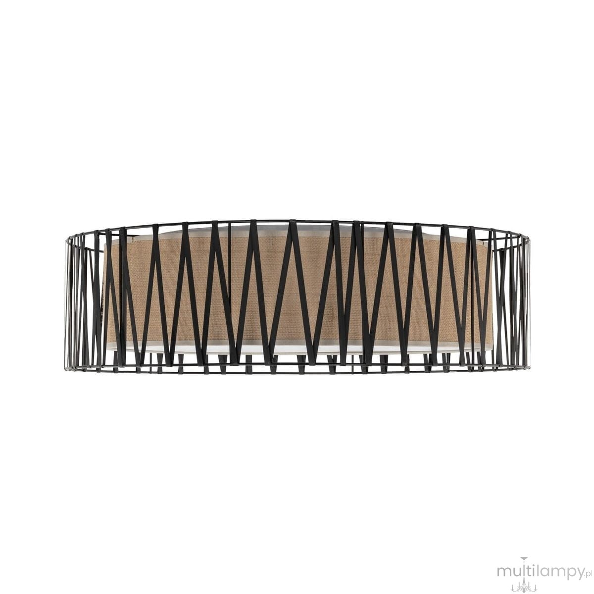 Lampa sufitowa Harmony D72 z czarną metalową osłoną w kształcie okręgu, z brązowym abażurem wewnętrznym. Posiada cztery gniazda E27. Ujęcie z boku, pokazujące detal konstrukcji i materiałów.