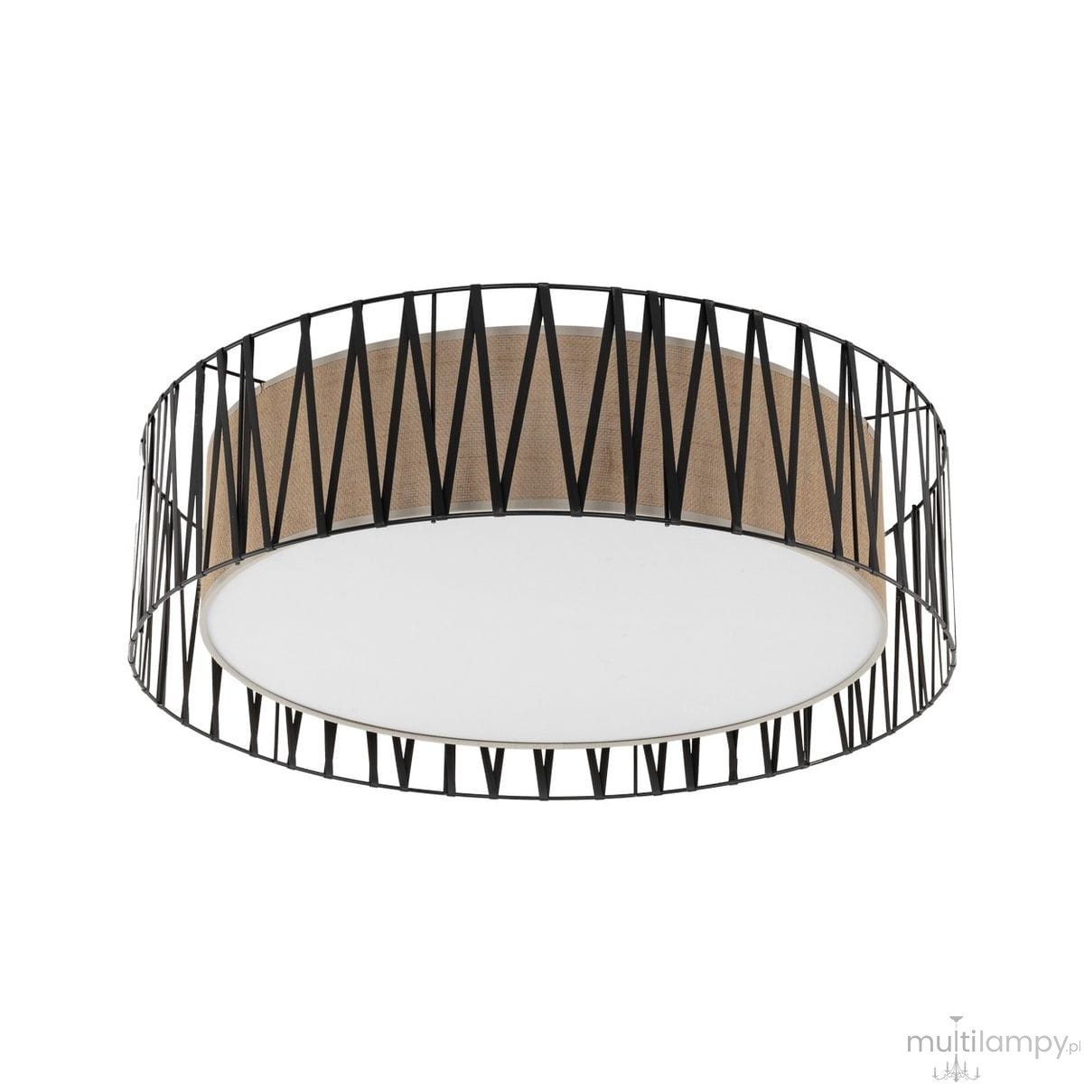 Lampa sufitowa Harmony D72 z czarną metalową konstrukcją i brązowym akcentem, z okrągłym kloszem. Ujęcie z boku, pokazujące wzór siatki i gładką, białą powierzchnię klosza. Produkt przeznaczony do montażu sufitowego, z miejscem na cztery żarówki E27.