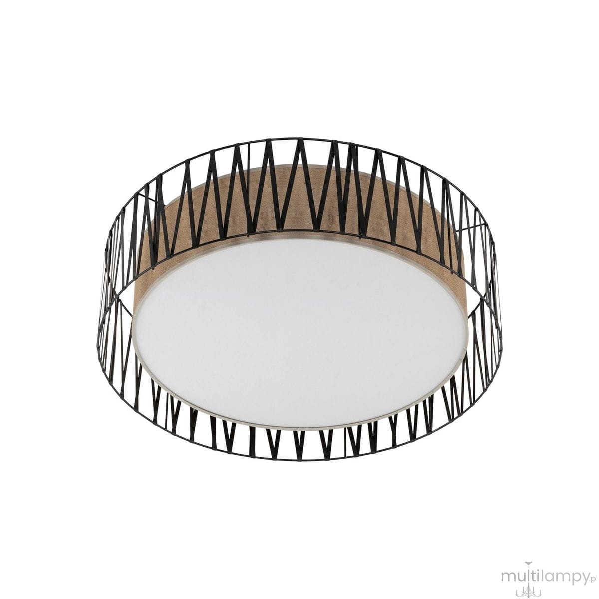 Lampa sufitowa Harmony D72 z czarną metalową konstrukcją i brązowym wykończeniem, o okrągłym kloszu z białego szkła. Ujęcie z dołu, pokazujące detal wzoru na obramowaniu. Produkt przeznaczony do montażu sufitowego, z miejscem na cztery żarówki E27.