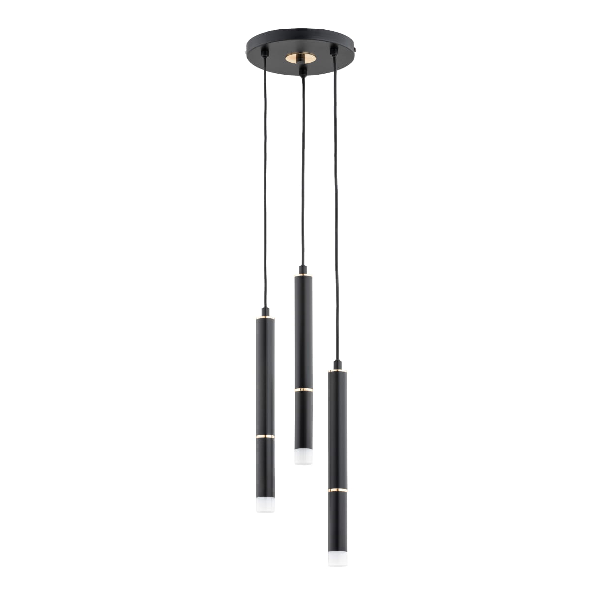 Lampa wisząca Derso w kolorze czarnym, z trzema prostokątnymi kloszami zawieszonymi na czarnych przewodach. Klosze mają złote detale i białe końcówki, montowane na okrągłej podstawie sufitowej. Idealna do nowoczesnych wnętrz.