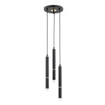Lampa wisząca Derso w kolorze czarnym, z trzema prostokątnymi kloszami zawieszonymi na czarnych przewodach. Klosze mają złote detale i białe końcówki, montowane na okrągłej podstawie sufitowej. Idealna do nowoczesnych wnętrz.