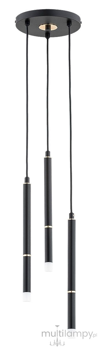Lampa wisząca Desto 3xG9 w kolorze czarnym z trzema prostokątnymi, matowymi ramionami i białymi kloszami na końcach. Utrzymana w nowoczesnym stylu, zamontowana na okrągłej podstawie z elementami złotymi. Kabel wisi swobodnie.