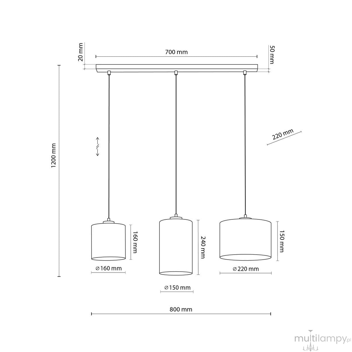 Lampa wisząca Juta 3xE27 w kolorze czarnym i brązowym, z trzema cylindrycznymi kloszami o średnicach 150 mm i 220 mm. Wymiary: długość 700 mm, wysokość 1200 mm, zawieszenie na przewodach. Prosty, industrialny design idealny do nowoczesnych wnętrz.