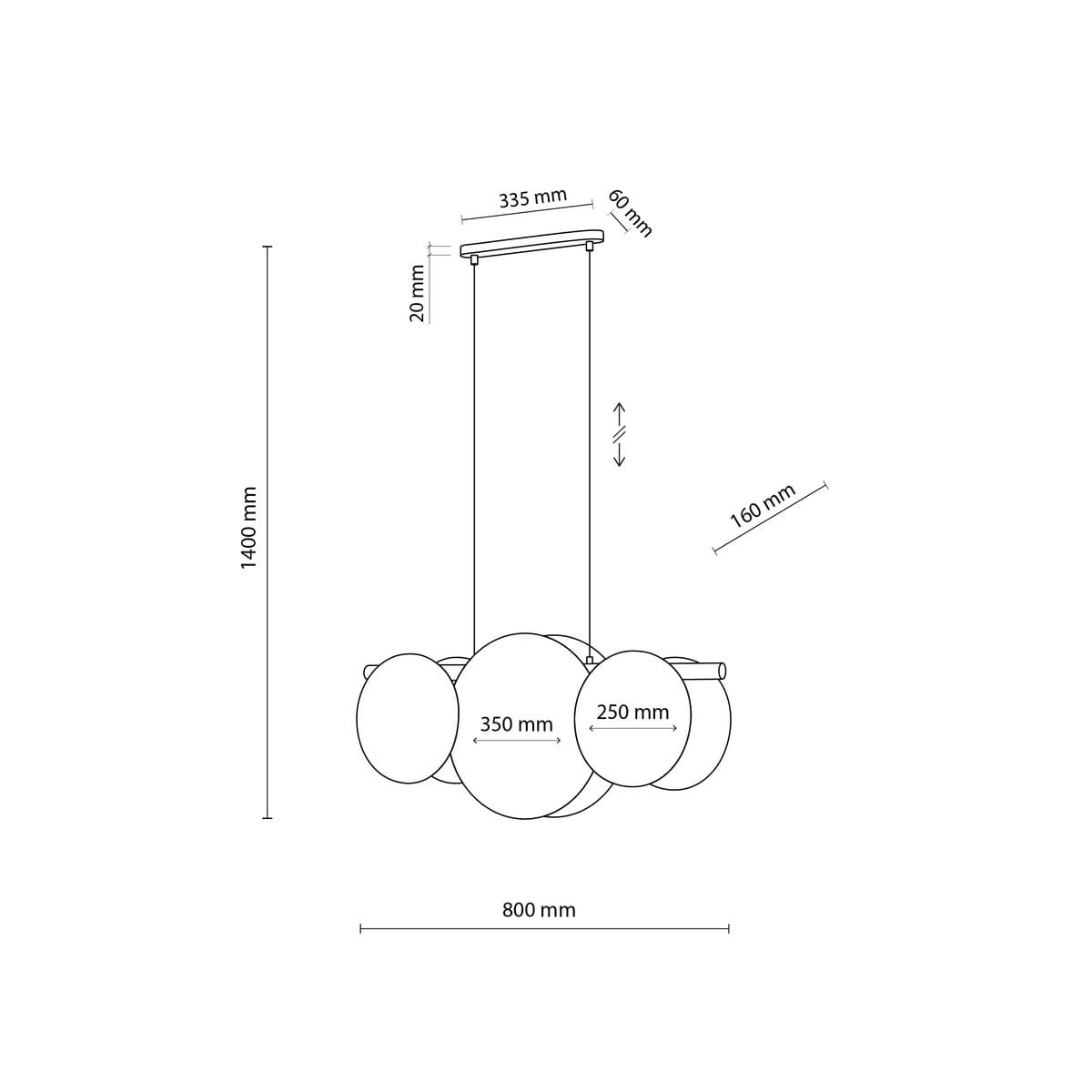 Lampa wisząca Pulse 3xE27 w kolorze białym i brązowym, z trzema okrągłymi kloszami o średnicach 350 mm i 250 mm. Wymiary: wysokość 1400 mm, szerokość 800 mm, długość elementu montażowego 335 mm. Prosta konstrukcja, zawieszona na regulowanym przewodzie.