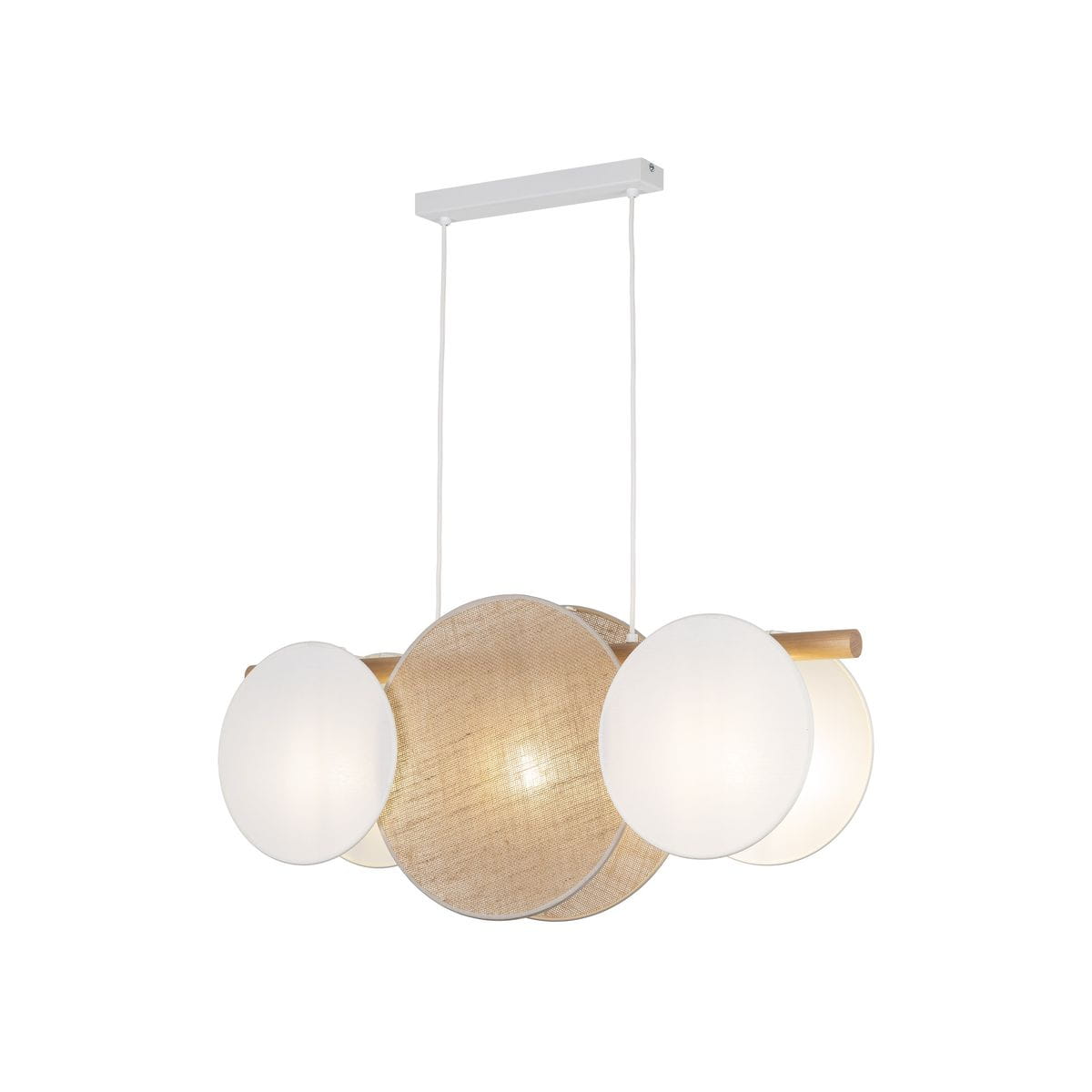 Lampa wisząca Pulse 3xE27 w kolorze białym i brązowym. Posiada trzy okrągłe klosze: dwa białe, matowe i jeden brązowy z tekstury. Utrzymana w nowoczesnym stylu, zawieszona na białym przewodzie. Klosze mają różne rozmiary, co nadaje unikalny wygląd.