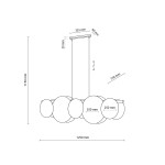 Lampa wisząca Pulse 5xE27 w kolorze białym i brązowym, z pięcioma okrągłymi kloszami o średnicy 250 mm i 350 mm. Wymiary: wysokość 1150 mm, szerokość 1250 mm, zawieszenie na 20 mm szynie. Prosta konstrukcja, idealna do nowoczesnych wnętrz.