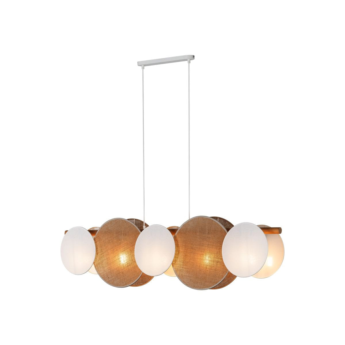 Lampa wisząca Pulse z pięcioma źródłami światła E27 w białych i brązowych oprawach. Okrągłe klosze z materiału i szkła w różnych rozmiarach, zawieszona na białych linkach. Prosta, nowoczesna konstrukcja.