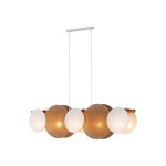 Lampa wisząca Pulse z pięcioma źródłami światła E27 w białych i brązowych oprawach. Okrągłe klosze z materiału i szkła w różnych rozmiarach, zawieszona na białych linkach. Prosta, nowoczesna konstrukcja.
