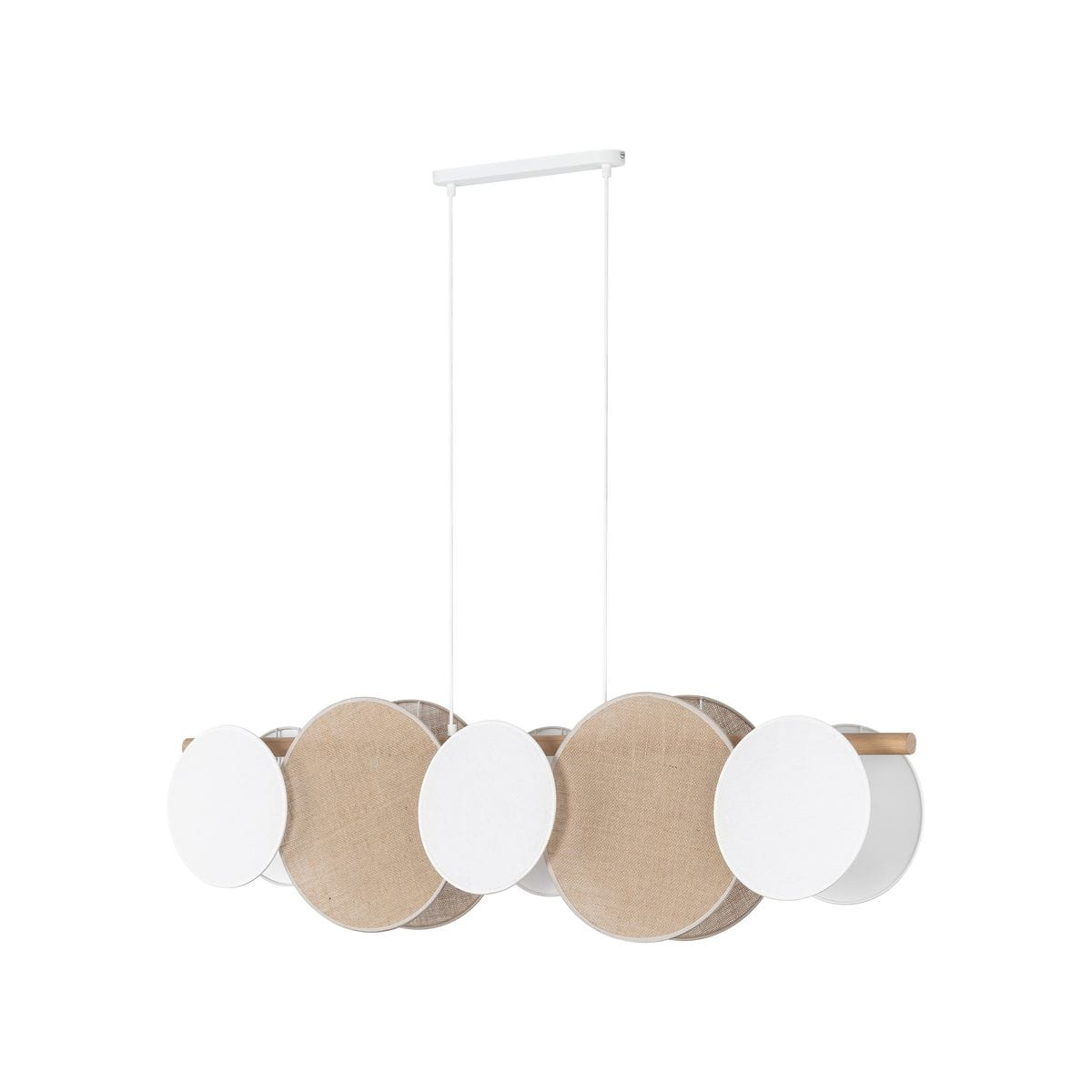 Lampa wisząca Pulse z pięcioma oprawami E27, w kolorze białym i brązowym. Składa się z okrągłych elementów z materiału w naturalnym odcieniu i białych detalach, zawieszona na cienkich linkach, w nowoczesnym, minimalistycznym stylu.