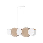 Lampa wisząca Pulse z pięcioma oprawami E27, w kolorze białym i brązowym. Składa się z okrągłych elementów z materiału w naturalnym odcieniu i białych detalach, zawieszona na cienkich linkach, w nowoczesnym, minimalistycznym stylu.