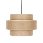 Lampa wisząca Calisto D50 w kolorze czarnym i brązowym, z okrągłym abażurem z naturalnego materiału. Ujęcie frontalne, lampa zawieszona na cienkim kablu, z trójwarstwową konstrukcją abażura, tworzącą efektowne źródło światła.