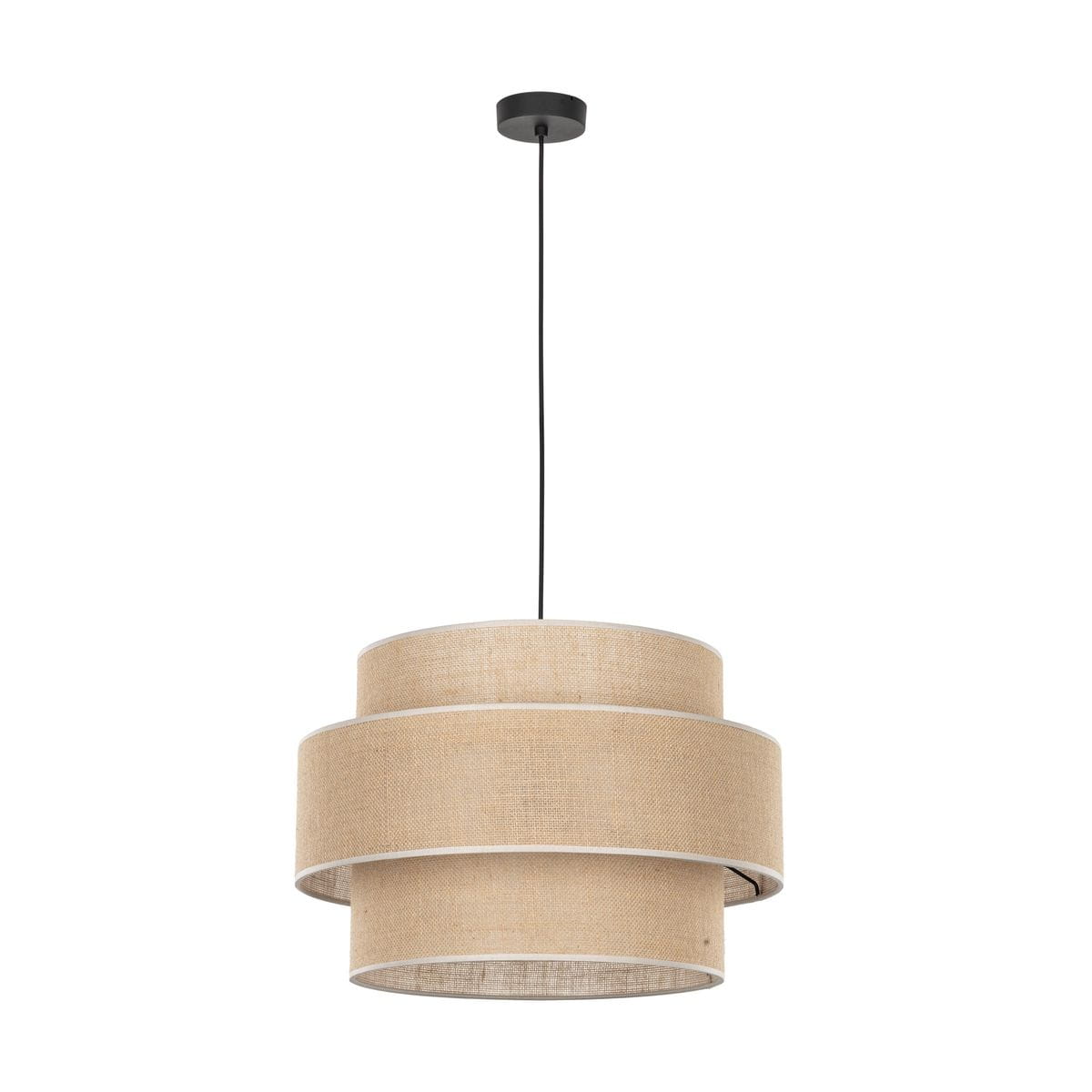 Lampa wisząca Calisto D50 z kloszem w kolorze brązowym, składającym się z trzech warstw, zawieszona na czarnym przewodzie. U góry znajduje się czarna podsufitka. Zastosowanie żarówki E27.